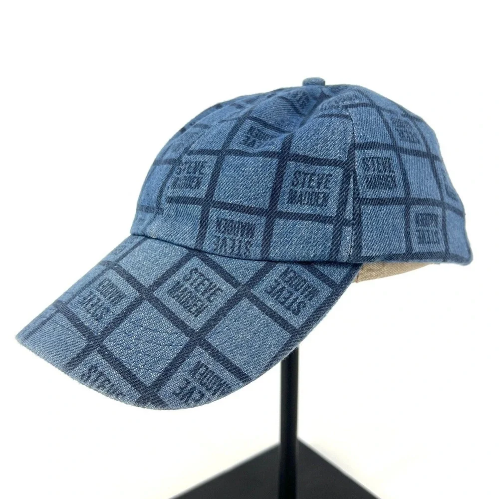 Steve‎ Madden Dark Denim Baseball Hat Womens Multi-Logo Strapback Hat Blue NWT